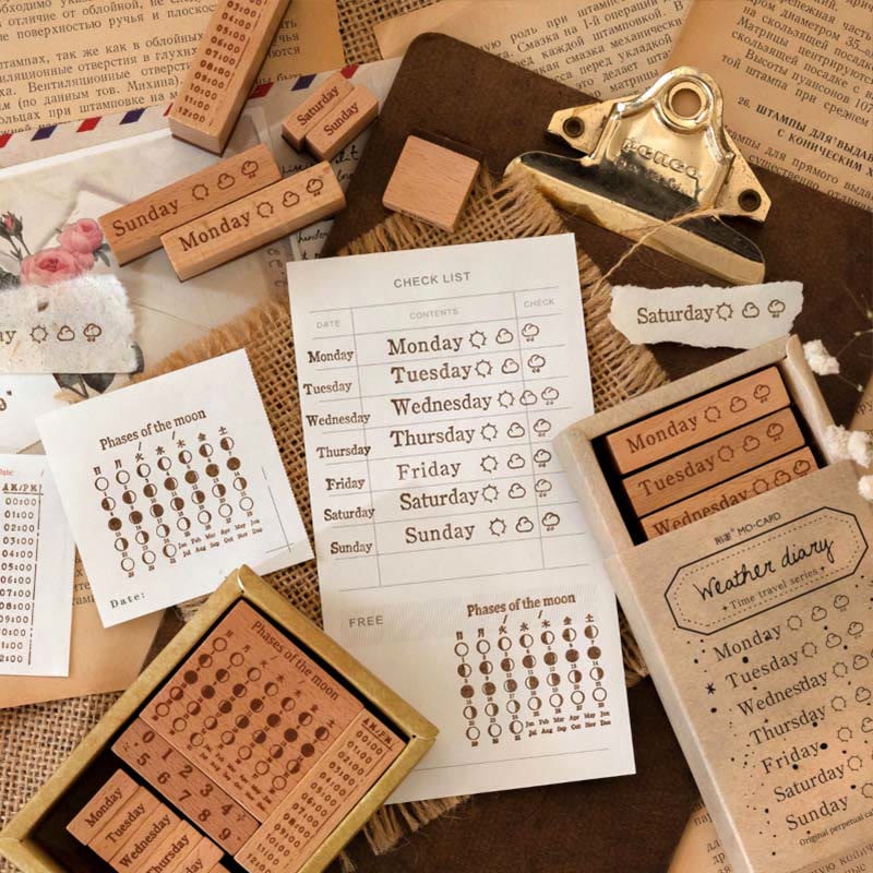 Time Travel Series Wooden Rubber Stamps Date Pattern Set For Craft