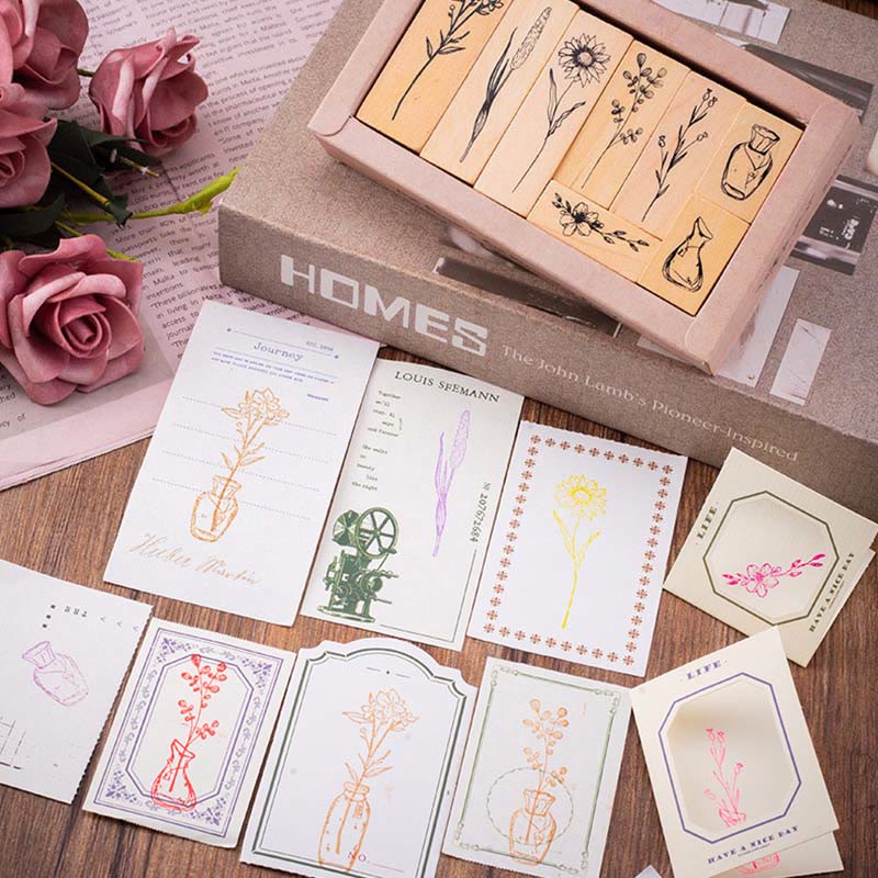 8Pcs Floral Plants Rubber Stamps Set for Journal Scrapbook DIY