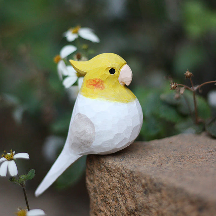 Wooden Bird Figurine Lutino cockatiel Statue Animal Ornament Handmade Simulation