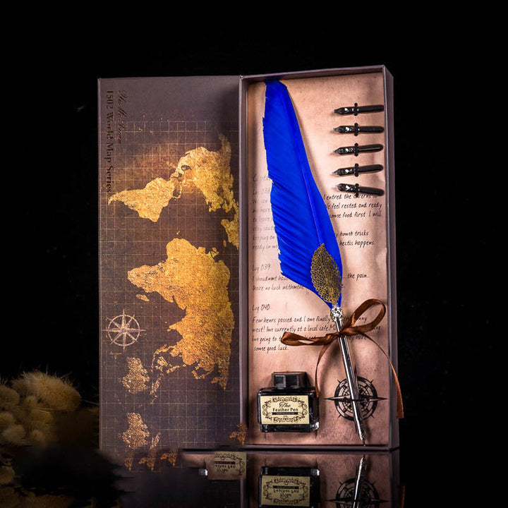 Gold Leaf Feather Pen Map Calligraphy Pen Set with Ink