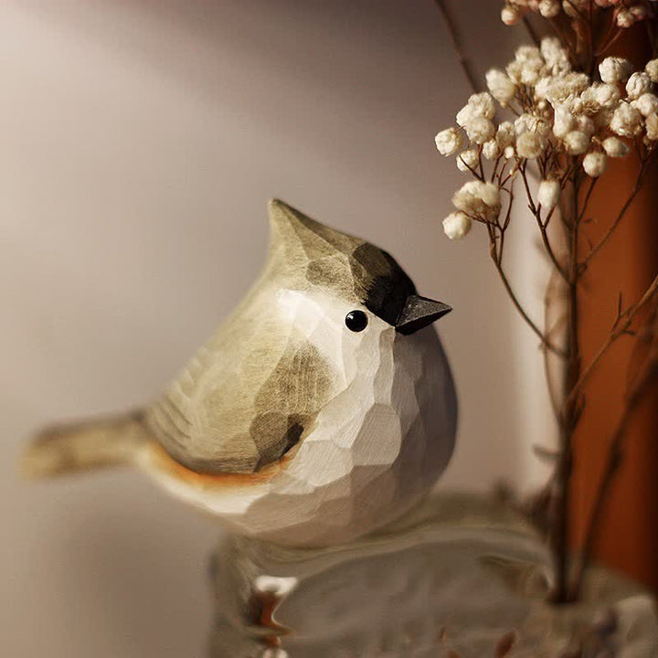 Wooden Bird Figurine Tufted Titmouse Statue Animal Ornament Handmade Simulation