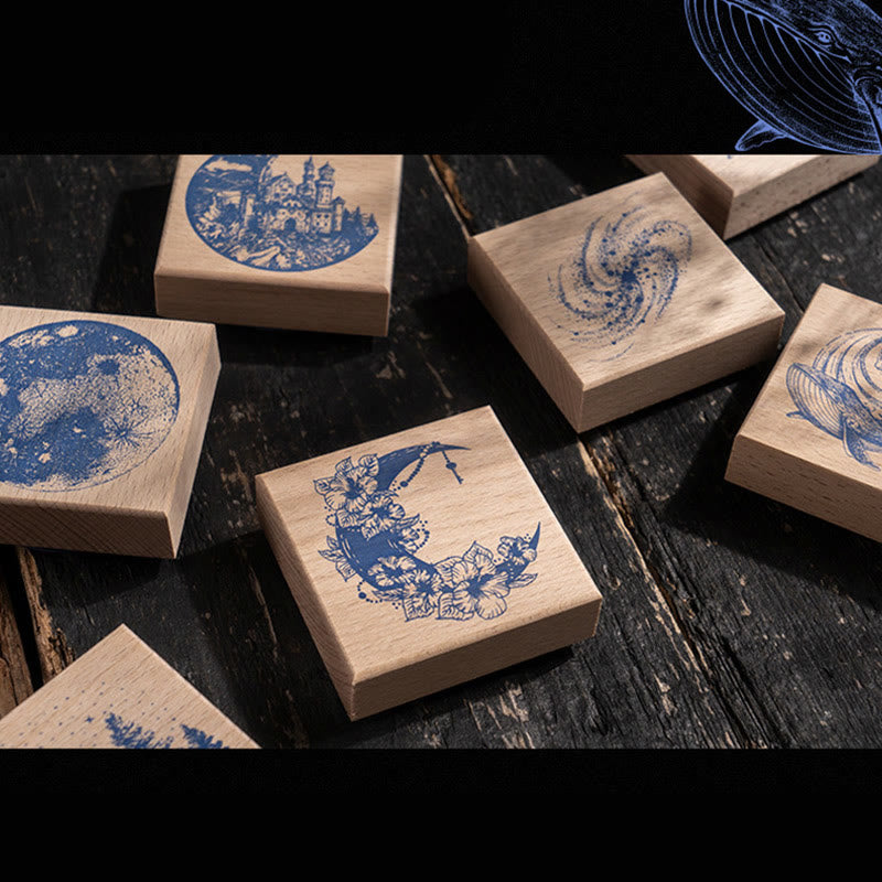 Lunar Tracks Theme Wooden Rubber Stamps Vintage Moon Phase Series Seal