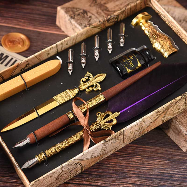 Feather Quill Pen and Ink Set Antique Carving Calligraphy Pen and Ink Set