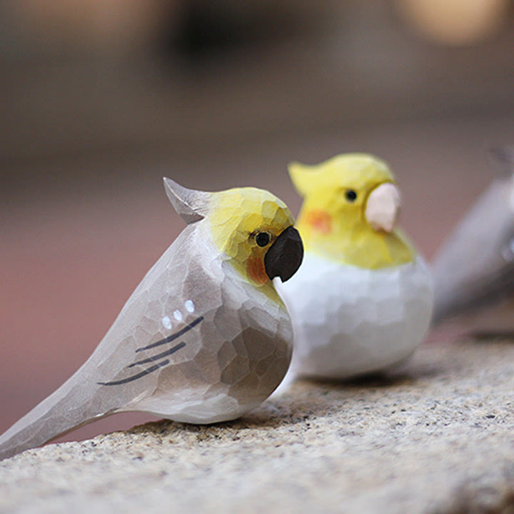 Wooden Bird Figurine Cockatiel Statue Animal Ornament Handmade Simulation