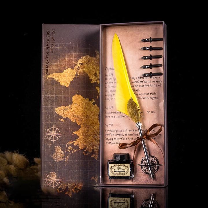 Gold Leaf Feather Pen Map Calligraphy Pen Set with Ink