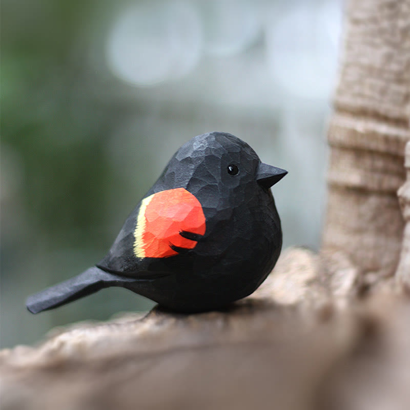 Wooden Bird Figurine Red-winged blackbird Statue Animal Ornament Handmade Simulation