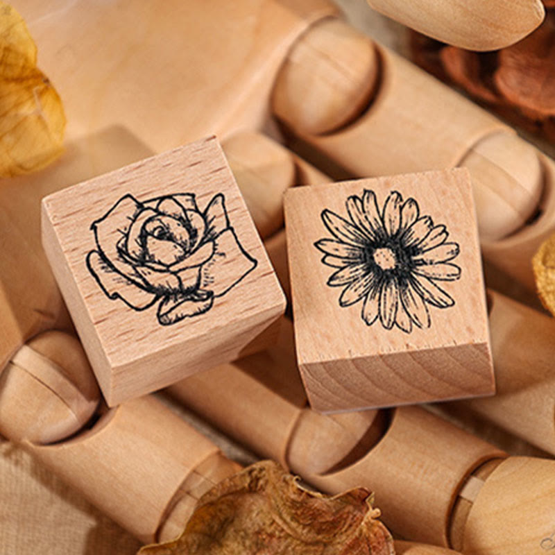 8Pcs Set Floral Rubber Stamps for Crafting Flower Decorative Wooden Stamp