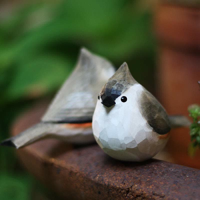 Wooden Bird Figurine Tufted Titmouse Statue Animal Ornament Handmade Simulation