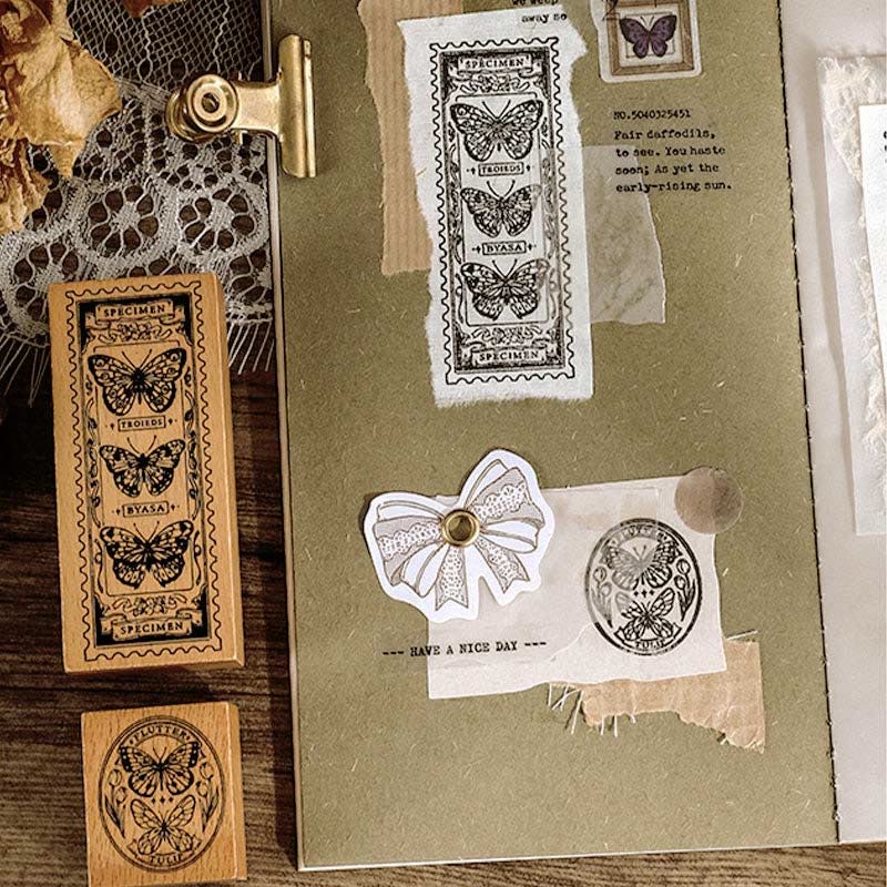 9Pcs Retro Forest Butterfly Mushroom Decorative Stamps Set Wooden Rubber Stamps