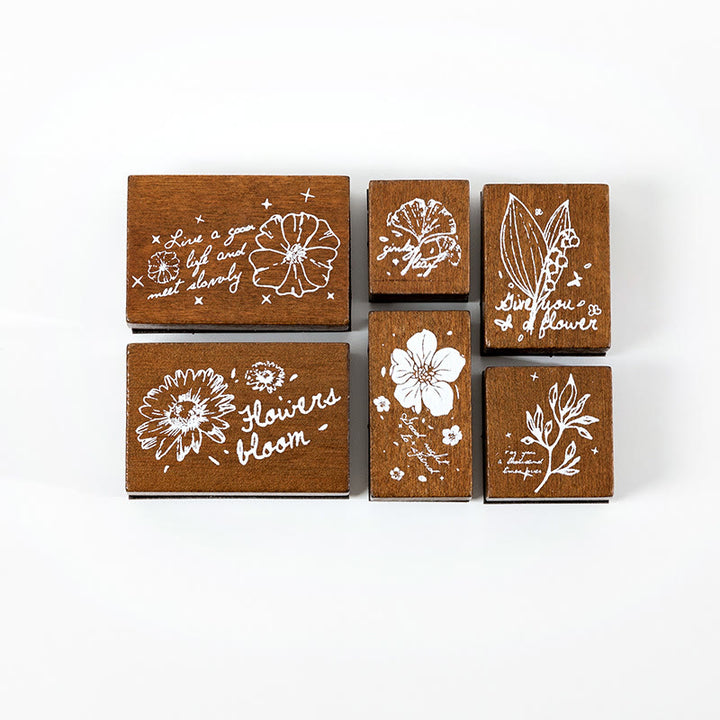 6Pcs Wood Rubber Stamps Set Flowers Plants Decorative Stamp Set