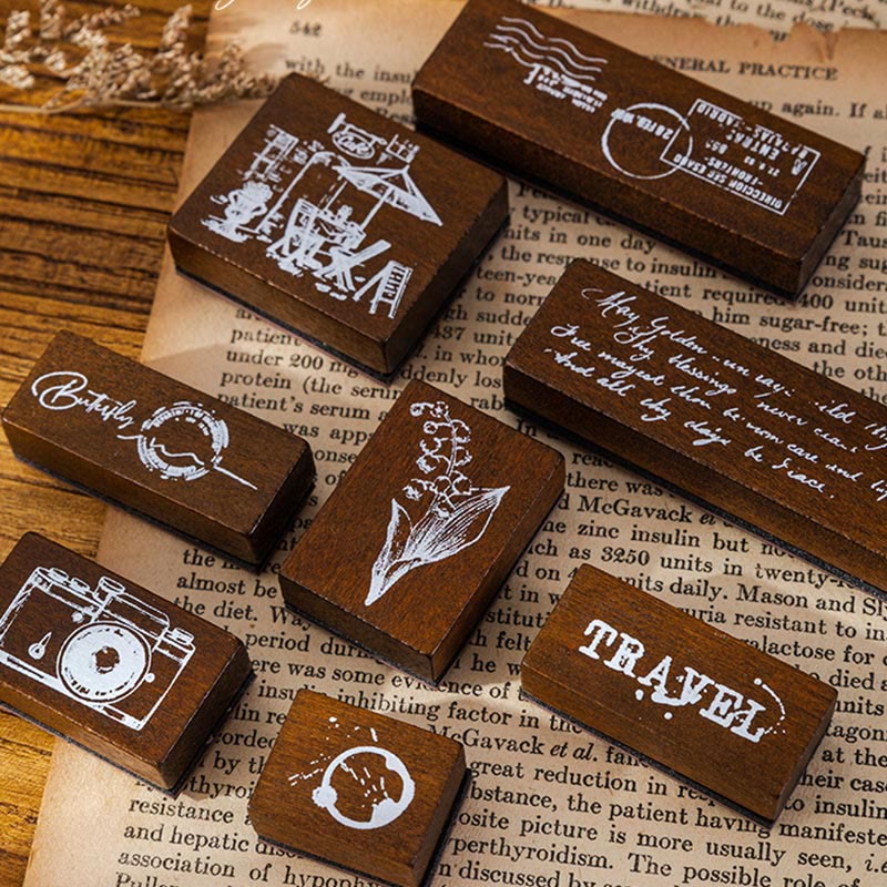 7Pcs Vintage Wood Rubber Stamps Set Theme of Travel Diary Nature Antique