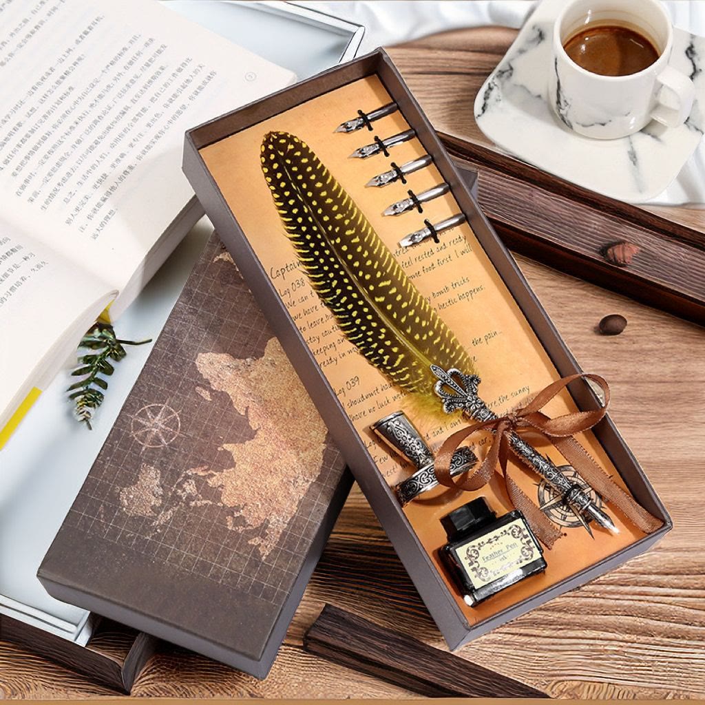 Natural Turkey Feather Pen Carving with Crown Feather Pen Set Craft Supply