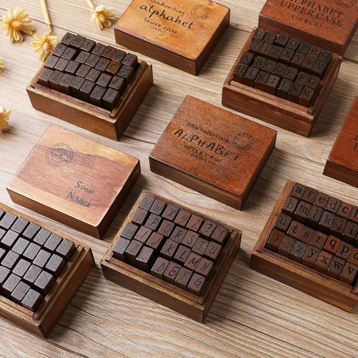 28Pcs Handwriting Schoolbook Alphabet Rubber Stamps Set Retro Wooden Stamps