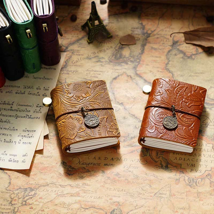 Mini Engraved Leather Cover Notebook For Travel Daily Record