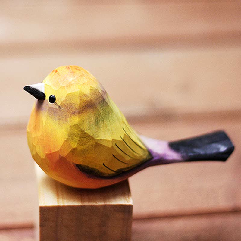 Wooden Bird Figurine White-Browed Tit-Warbler Statue Animal Ornament Handmade Simulation