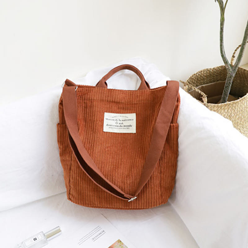 Plain Color Corduroy Shoulder Bag For Women Travel Canvas Tote