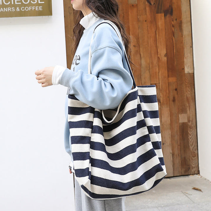 Color Contrast Stripe Shoulder Bag For Women Large Canvas Tote