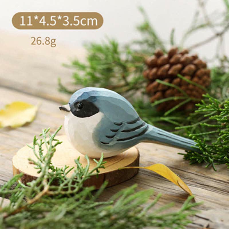 Wooden Bird Figurine Blue Grey Sparrow Statue Animal Ornament Handmade Simulation