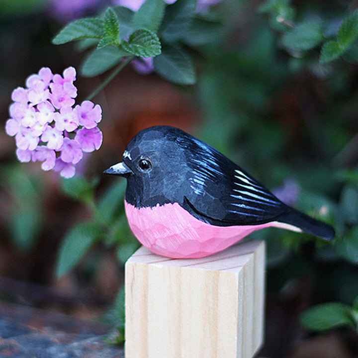 Wooden Bird Figurine Pink robin Statue Animal Ornament Handmade Simulation