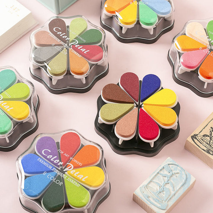 8 Metallic Colors Finger Ink Pads Petal Color Box for Wooden Rubber Stamps