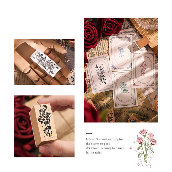 10Pcs Wooden Rose Stamps Rubber Stamp Flower Decotative Stamp Set