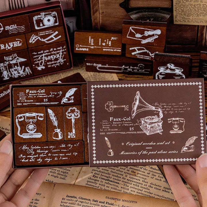 7Pcs Vintage Wood Rubber Stamps Set Theme of Travel Diary Nature Antique