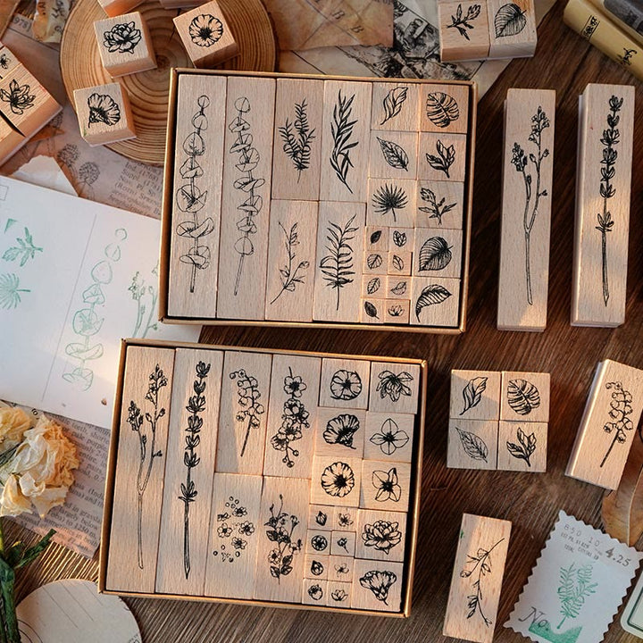 22Pcs Wooden Rubber Stamps Plants Pattern Set for DIY Craft Scrapbooking