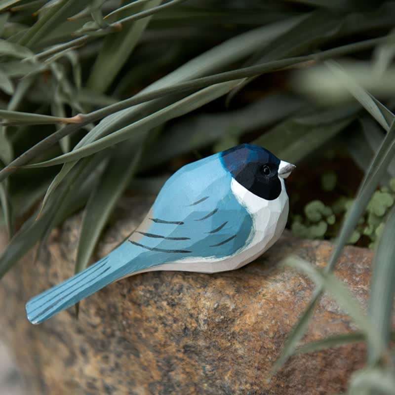 Wooden Bird Figurine Blue Grey Sparrow Statue Animal Ornament Handmade Simulation