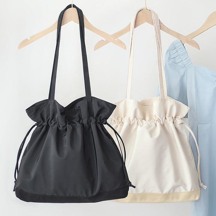 Minimalist Drawstring Shoulder Bag For Women Plain Color Nylon Purse