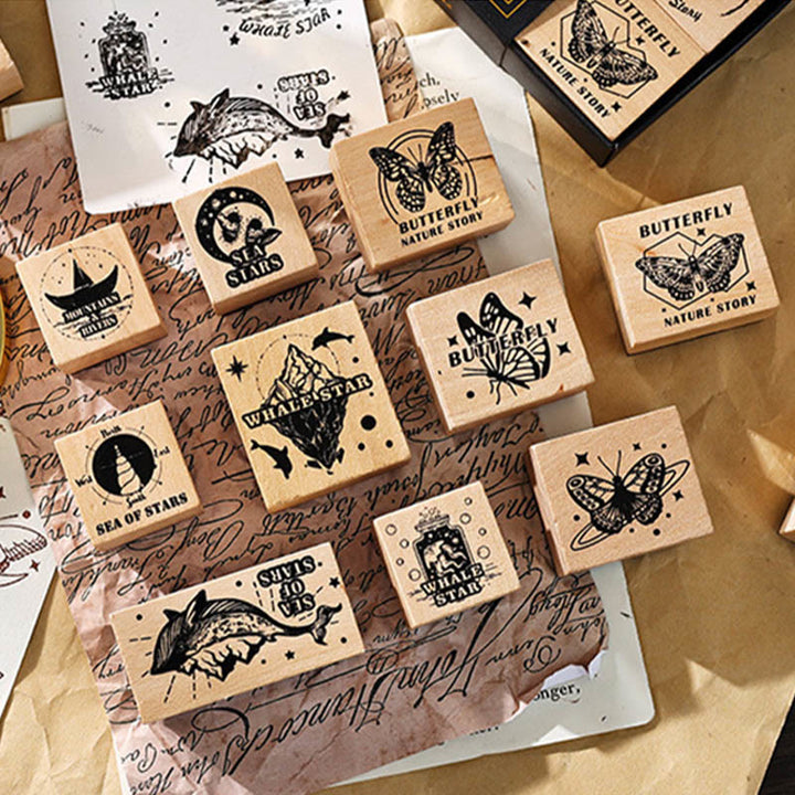 9Pcs Wood Rubber Stamps Sea of Stars and Butterfly Theme DIY Craft Card Stamp