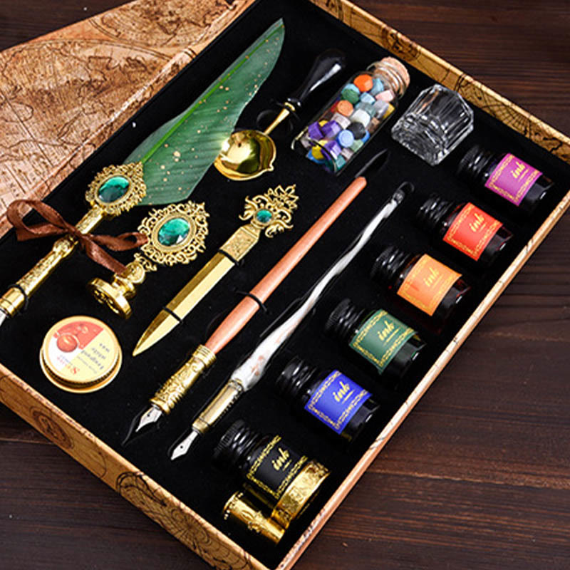 Luxury Feather Pen and Seal Stamps Set 16Pcs Quill Pen and Ink Set