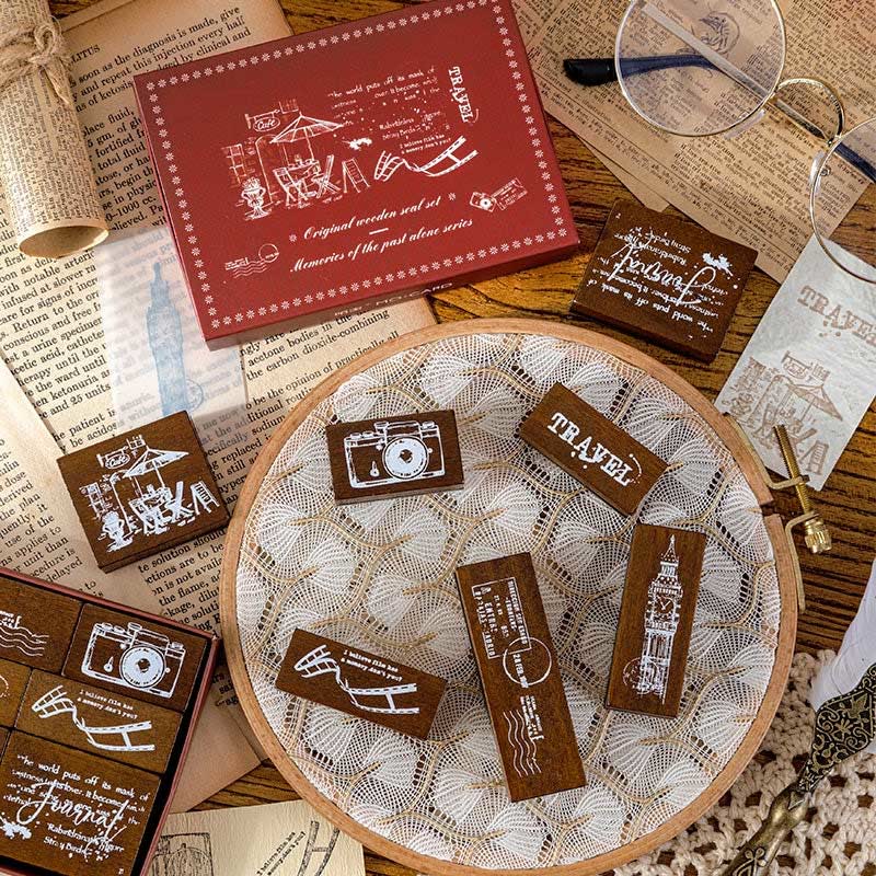 7Pcs Vintage Wood Rubber Stamps Set Theme of Travel Diary Nature Antique