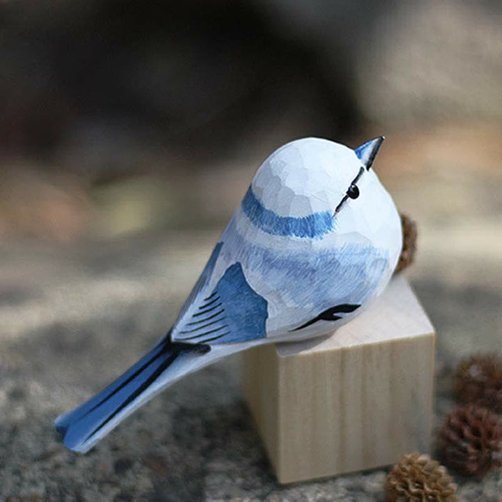 Wooden Bird Figurine Azure Tit Statue Animal Ornament Handmade Simulation