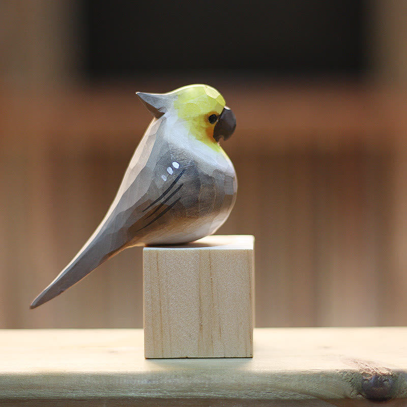 Wooden Bird Figurine Cockatiel Statue Animal Ornament Handmade Simulation