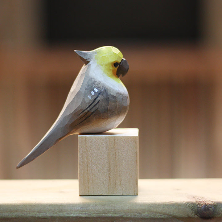 Wooden Bird Figurine Cockatiel Statue Animal Ornament Handmade Simulation