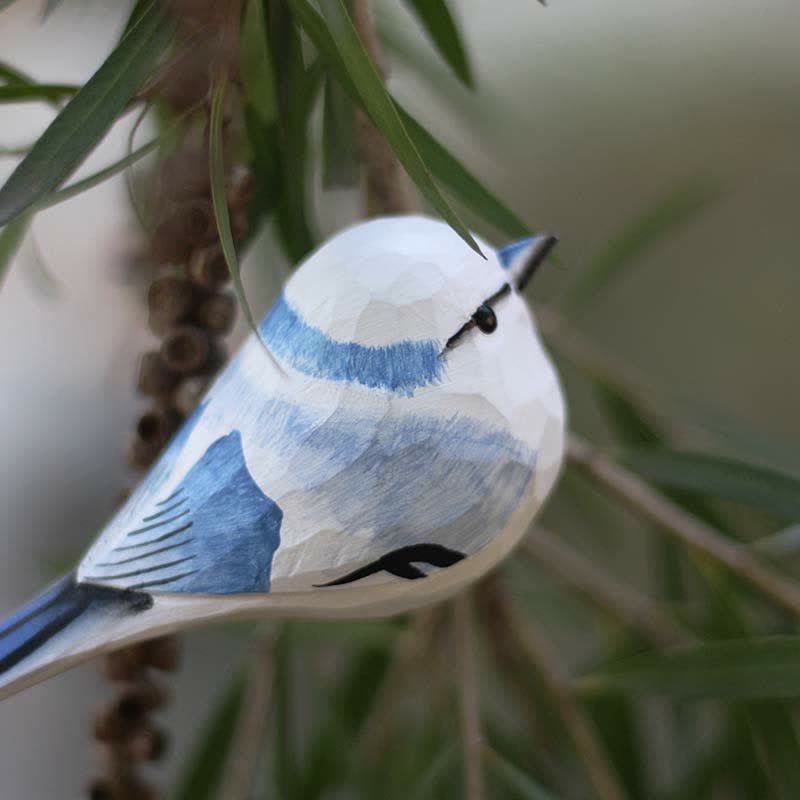 Wooden Bird Figurine Azure Tit Statue Animal Ornament Handmade Simulation