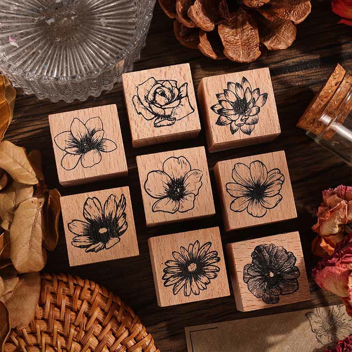 8Pcs Set Floral Rubber Stamps for Crafting Flower Decorative Wooden Stamp