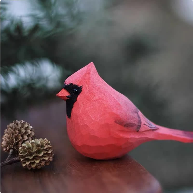 Wooden Bird Figurine Male Northern Cardinal Statue Couple Bird Animal Ornament Handmade Simulation