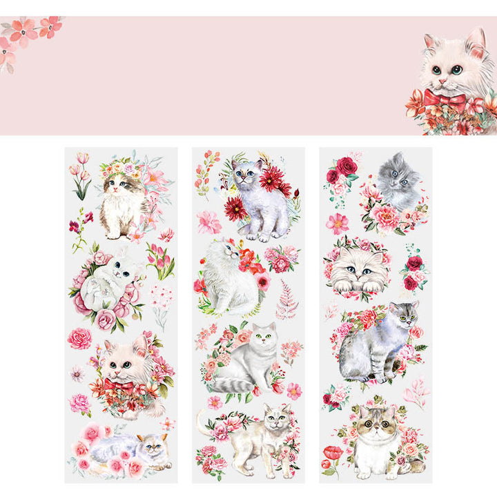 Cat with Flowers Series Transparent PET Stickers Fro Scrapbook