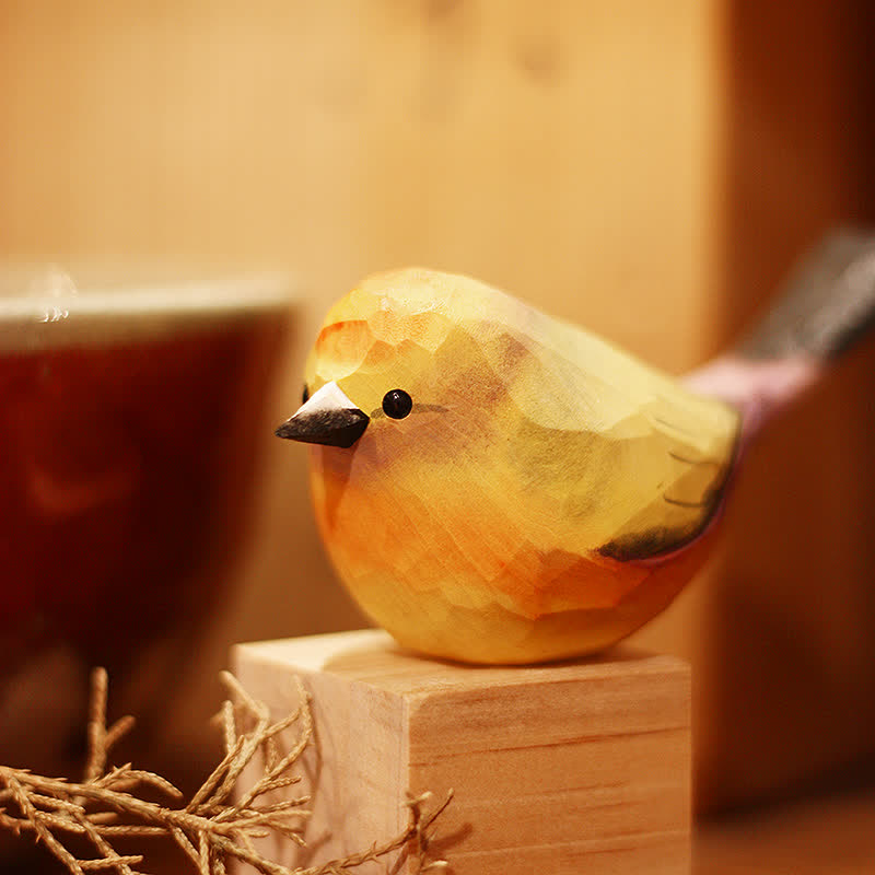 Wooden Bird Figurine White-Browed Tit-Warbler Statue Animal Ornament Handmade Simulation