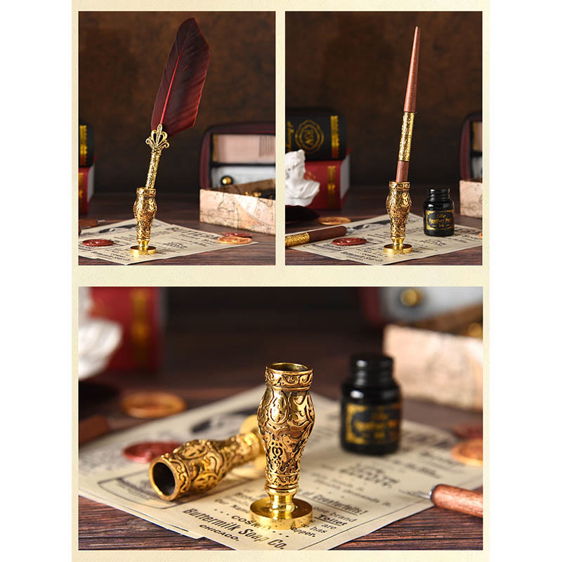 Feather Quill Pen and Ink Set Antique Carving Calligraphy Pen and Ink Set