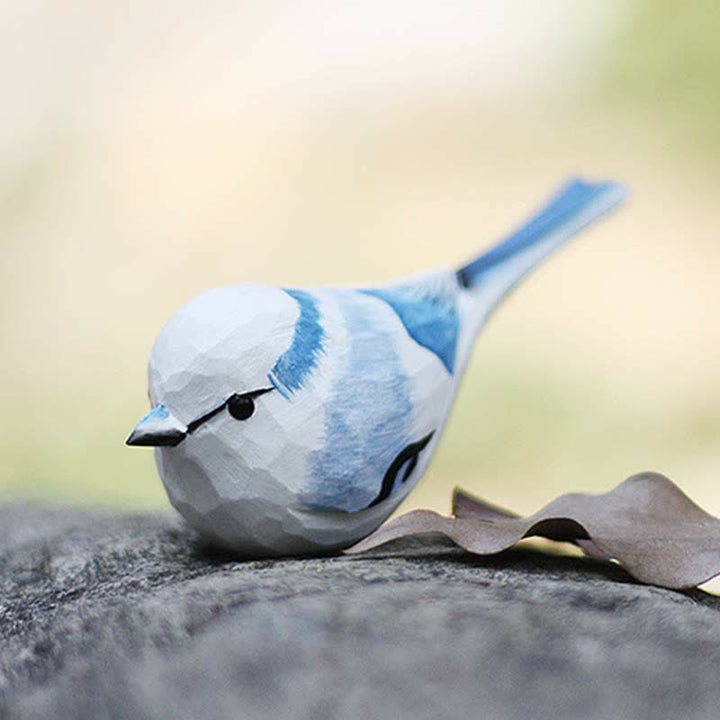 Wooden Bird Figurine Azure Tit Statue Animal Ornament Handmade Simulation