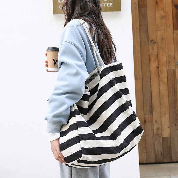 Color Contrast Stripe Shoulder Bag For Women Large Canvas Tote