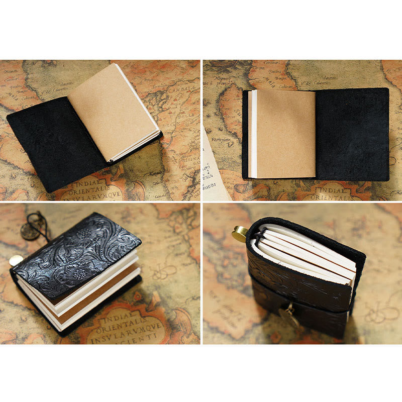 Mini Engraved Leather Cover Notebook For Travel Daily Record