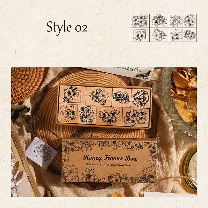 8Pcs Set Floral Rubber Stamps for Crafting Flower Decorative Wooden Stamp