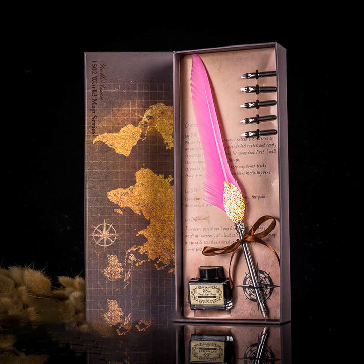 Gold Leaf Feather Pen Map Calligraphy Pen Set with Ink