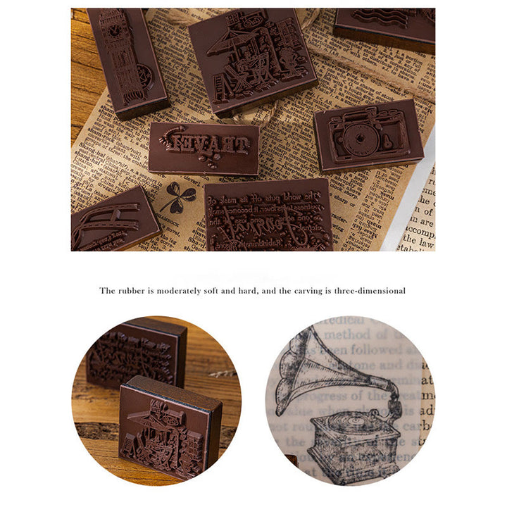 7Pcs Vintage Wood Rubber Stamps Set Theme of Travel Diary Nature Antique