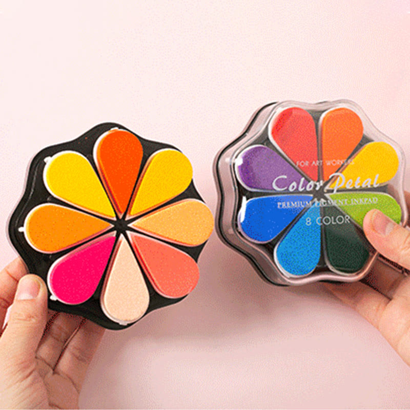 8 Metallic Colors Finger Ink Pads Petal Color Box for Wooden Rubber Stamps