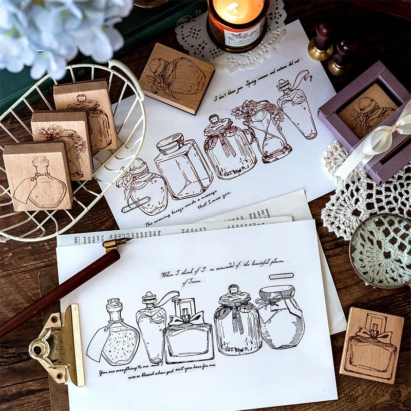 8 Styles Bottles Wooden Rubber Stamps For Card Making