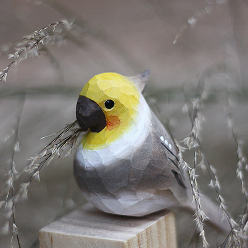 Wooden Bird Figurine Cockatiel Statue Animal Ornament Handmade Simulation